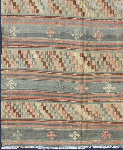 Vintage Turkish Tribal Kilim with Striped Design in Earthy Tones Measures: 5'4 x 9'8 This lovely Turkish Kilim has a striped, repeating pattern with clover motifs. The dark taupe - green stripes home the embroidered clovers, whereas the lig... - Keivan Woven ArtsTU - NED - 134 - 3562Rug