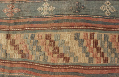 Vintage Turkish Tribal Kilim with Striped Design in Earthy Tones Measures: 5'4 x 9'8 This lovely Turkish Kilim has a striped, repeating pattern with clover motifs. The dark taupe - green stripes home the embroidered clovers, whereas the lig... - Keivan Woven ArtsTU - NED - 134 - 3562Rug