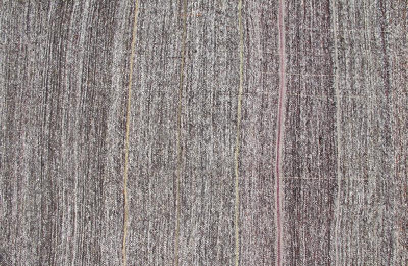 Vintage Turkish Kilim Rug with Variegated Stripes in Charcoal, Gray and Orange, rug ned - 136025, country of origin / type: Turkey / Kilim, circa mid - 20th century Measures: 6'3 x 9'2. This vintage tribal Turkish Kilim carpet is set on a na... - Keivan Woven ArtsTU - NED - 136025 - 4596Rug