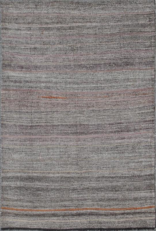 Vintage Turkish Kilim Rug with Variegated Stripes in Charcoal, Gray and Orange, rug ned - 136025, country of origin / type: Turkey / Kilim, circa mid - 20th century Measures: 6'3 x 9'2. This vintage tribal Turkish Kilim carpet is set on a na... - Keivan Woven ArtsTU - NED - 136025 - 4596Rug