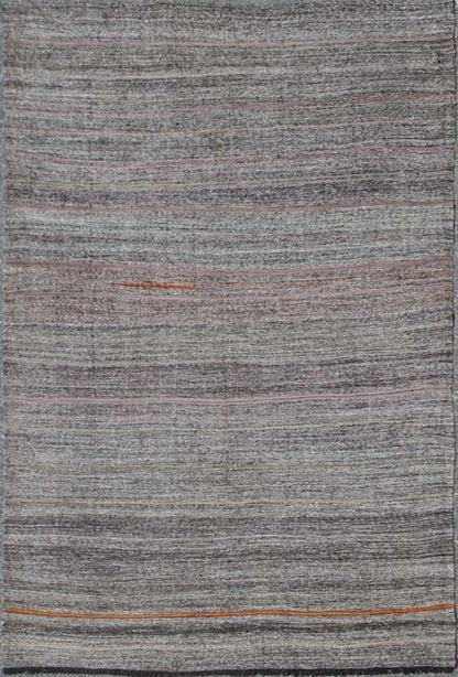 Vintage Turkish Kilim Rug with Variegated Stripes in Charcoal, Gray and Orange, rug ned - 136025, country of origin / type: Turkey / Kilim, circa mid - 20th century Measures: 6'3 x 9'2. This vintage tribal Turkish Kilim carpet is set on a na... - Keivan Woven ArtsTU - NED - 136025 - 4596Rug