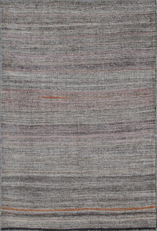 Vintage Turkish Kilim Rug with Variegated Stripes in Charcoal, Gray and Orange, rug ned - 136025, country of origin / type: Turkey / Kilim, circa mid - 20th century Measures: 6'3 x 9'2. This vintage tribal Turkish Kilim carpet is set on a na... - Keivan Woven ArtsTU - NED - 136025 - 4596Rug
