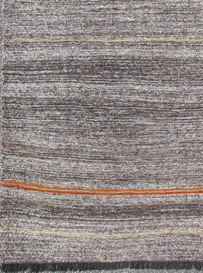 Vintage Turkish Kilim Rug with Variegated Stripes in Charcoal, Gray and Orange, rug ned - 136025, country of origin / type: Turkey / Kilim, circa mid - 20th century Measures: 6'3 x 9'2. This vintage tribal Turkish Kilim carpet is set on a na... - Keivan Woven ArtsTU - NED - 136025 - 4596Rug
