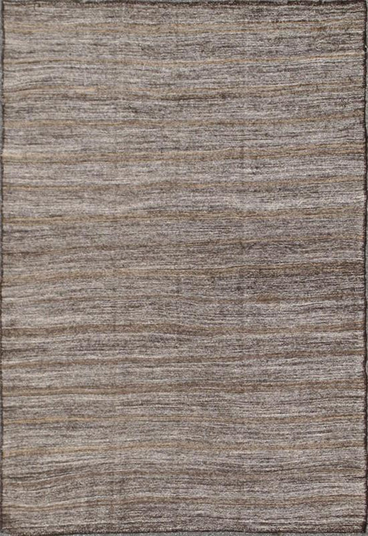 Vintage Turkish Kilim Rug with Variegated Stripes in Charcoal, Gray & Acid Green, rug ned - 136026, country of origin / type: Turkey / Kilim, circa mid - 20th century This vintage Tribal Turkish Kilim carpet is set on a natural gray background and f... - Keivan Woven ArtsTU - NED - 136026 - 4600Rug