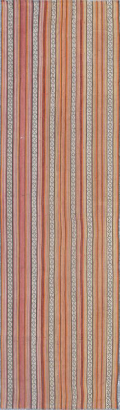 Colorful Long Kilim Runner with Vertical Stripe and Geometric Pattern, rug ned - 136027, country of origin / type: Turkey / Kilim, circa mid - 20th century. Woven during the mid - 20th century in Turkey, this designer Kilim is decorated with a vertica... - Keivan Woven ArtsTU - NED - 136027 - 4604Rug