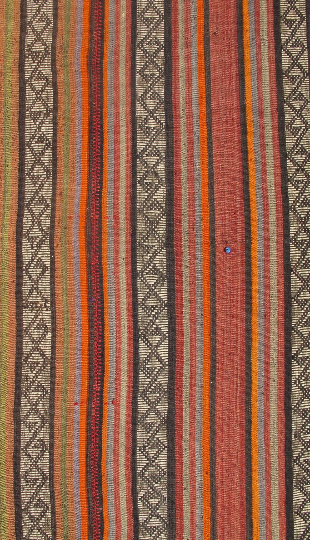 Colorful Long Kilim Runner with Vertical Stripe and Geometric Pattern, rug ned - 136027, country of origin / type: Turkey / Kilim, circa mid - 20th century. Woven during the mid - 20th century in Turkey, this designer Kilim is decorated with a vertica... - Keivan Woven ArtsTU - NED - 136027 - 4604Rug