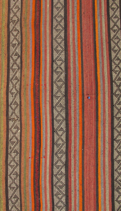 Colorful Long Kilim Runner with Vertical Stripe and Geometric Pattern, rug ned - 136027, country of origin / type: Turkey / Kilim, circa mid - 20th century. Woven during the mid - 20th century in Turkey, this designer Kilim is decorated with a vertica... - Keivan Woven ArtsTU - NED - 136027 - 4604Rug