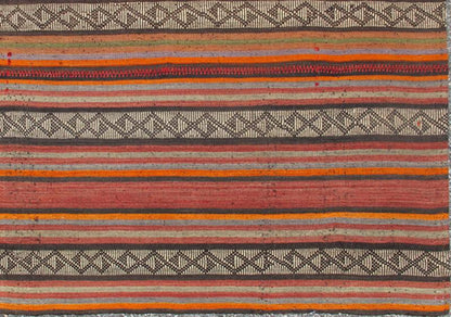 Colorful Long Kilim Runner with Vertical Stripe and Geometric Pattern, rug ned - 136027, country of origin / type: Turkey / Kilim, circa mid - 20th century. Woven during the mid - 20th century in Turkey, this designer Kilim is decorated with a vertica... - Keivan Woven ArtsTU - NED - 136027 - 4604Rug