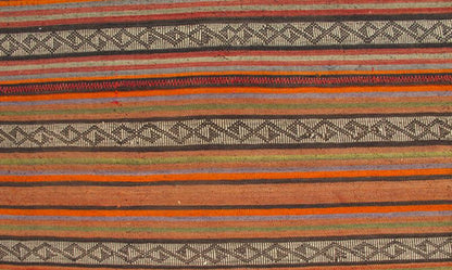Colorful Long Kilim Runner with Vertical Stripe and Geometric Pattern, rug ned - 136027, country of origin / type: Turkey / Kilim, circa mid - 20th century. Woven during the mid - 20th century in Turkey, this designer Kilim is decorated with a vertica... - Keivan Woven ArtsTU - NED - 136027 - 4604Rug