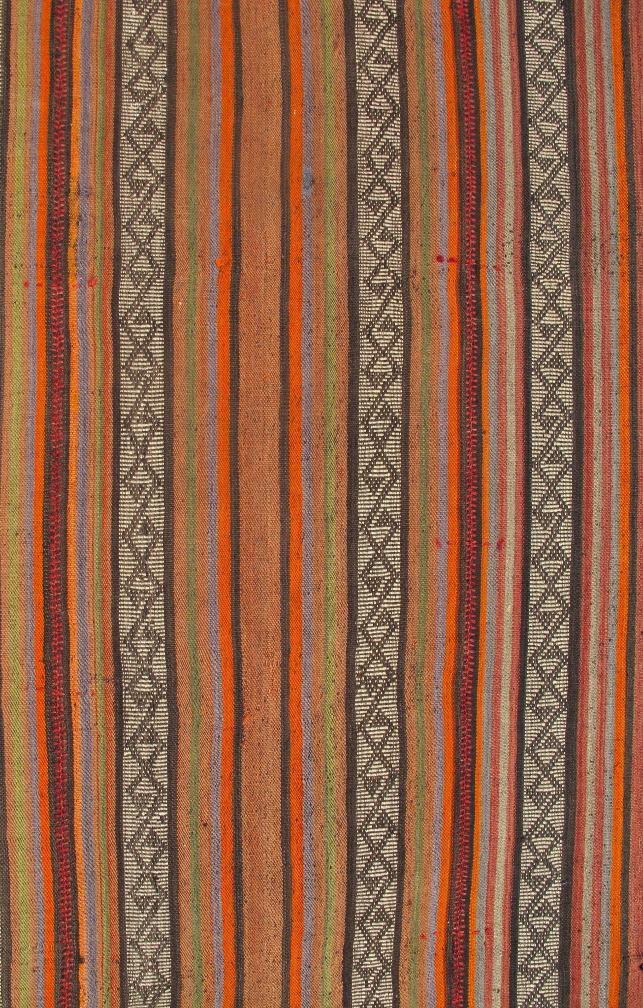 Colorful Long Kilim Runner with Vertical Stripe and Geometric Pattern, rug ned - 136027, country of origin / type: Turkey / Kilim, circa mid - 20th century. Woven during the mid - 20th century in Turkey, this designer Kilim is decorated with a vertica... - Keivan Woven ArtsTU - NED - 136027 - 4604Rug