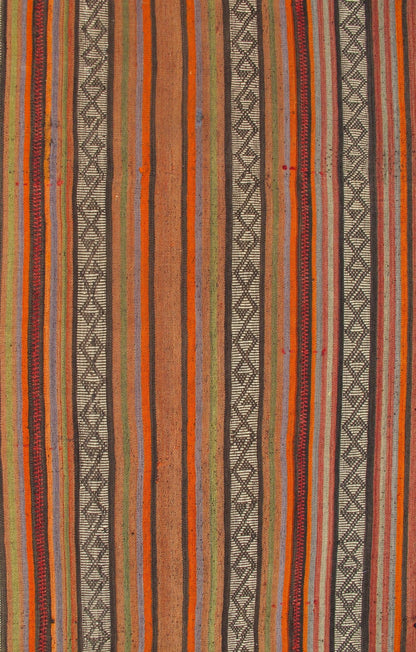 Colorful Long Kilim Runner with Vertical Stripe and Geometric Pattern, rug ned - 136027, country of origin / type: Turkey / Kilim, circa mid - 20th century. Woven during the mid - 20th century in Turkey, this designer Kilim is decorated with a vertica... - Keivan Woven ArtsTU - NED - 136027 - 4604Rug