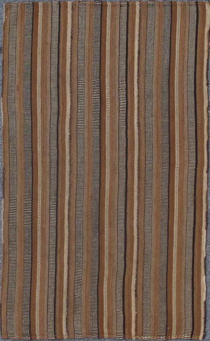 Antique Kilim in Vertical Stripes in Gray, Light Brown, Black, Ivory and Camel Colors. Measures: 5'8 x 8'11. Antique paneled Kilim with fairly thick body in textured brown, camel, mocha, black, ivory and gray. Keivan Woven Arts/ rug/ TU - ... - Keivan Woven ArtsTU - NED - 136028 - 4610Rug