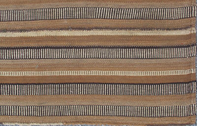 Antique Kilim in Vertical Stripes in Gray, Light Brown, Black, Ivory and Camel Colors. Measures: 5'8 x 8'11. Antique paneled Kilim with fairly thick body in textured brown, camel, mocha, black, ivory and gray. Keivan Woven Arts/ rug/ TU - ... - Keivan Woven ArtsTU - NED - 136028 - 4610Rug