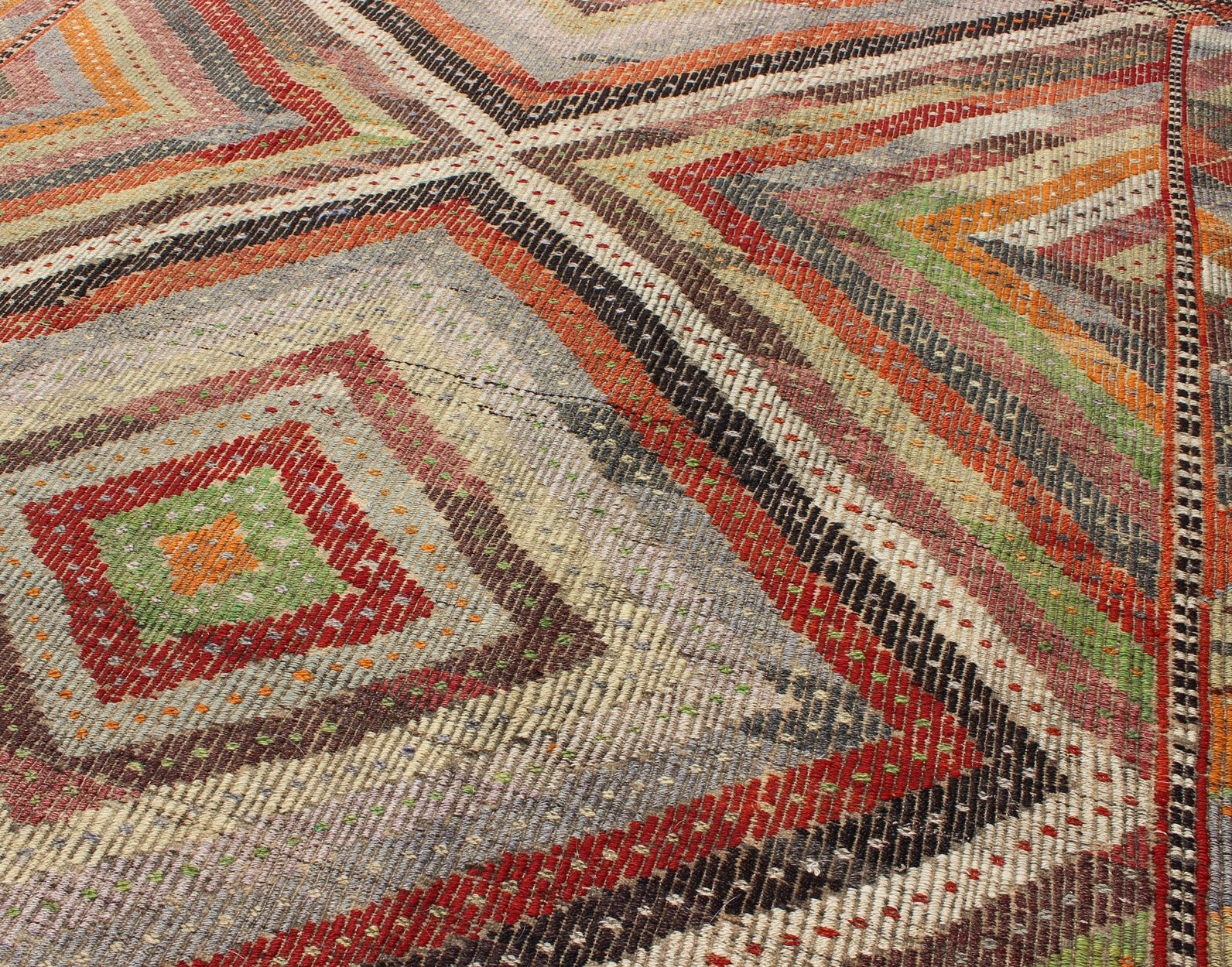 Beautiful Embroidered Turkish Jajeem - This geometric embroidered flat - weave Jajeem from Turkey bears a repeating large diamond design set on a multicolored background. The repeating design features vibrant colors of gold, light green, red, yellow, orang... - Keivan Woven ArtsTU - NED - 136031 - 4614Rug