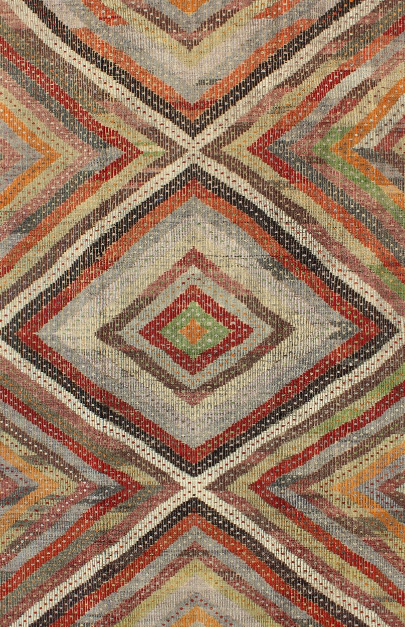 Beautiful Embroidered Turkish Jajeem - This geometric embroidered flat - weave Jajeem from Turkey bears a repeating large diamond design set on a multicolored background. The repeating design features vibrant colors of gold, light green, red, yellow, orang... - Keivan Woven ArtsTU - NED - 136031 - 4614Rug