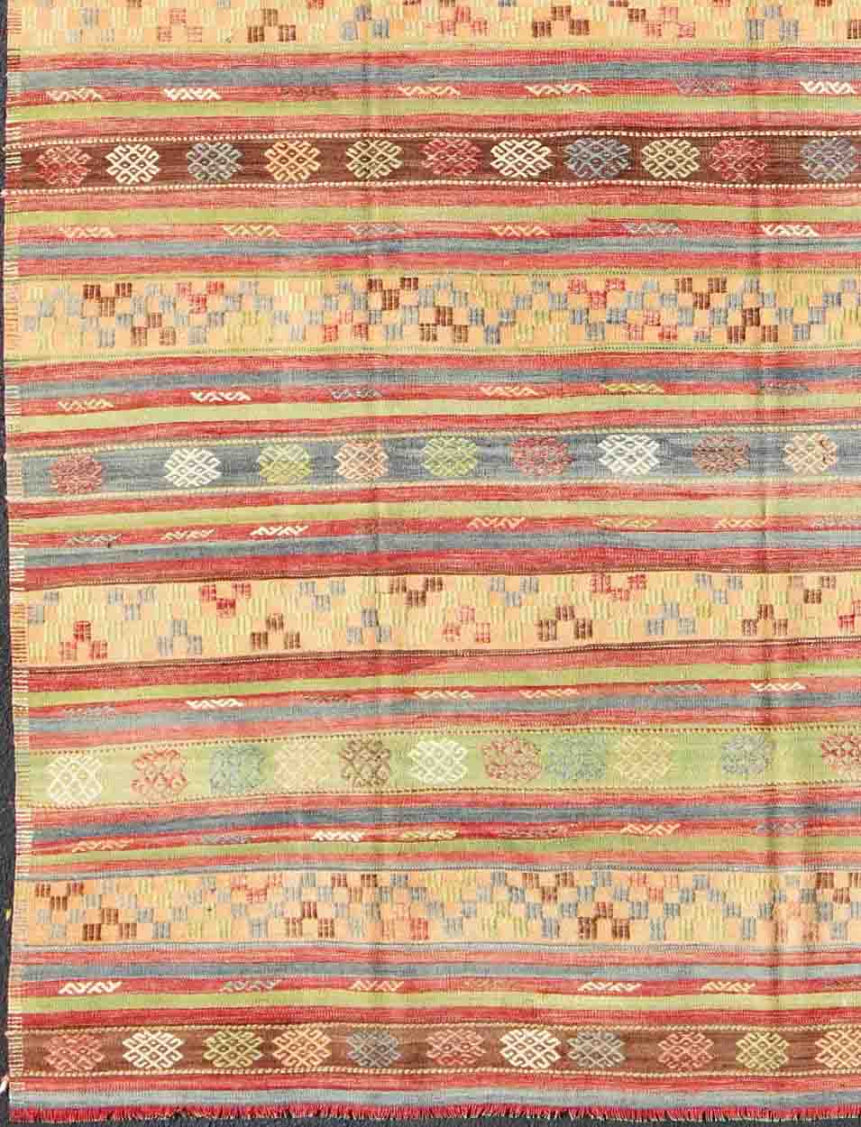 Large Multicolored Vintage Turkish Kilim Rug with Geometric Shapes and Stripes Design, Keivan Woven Arts/rug TU - NED - 136591, country of origin / type: Turkey / Kilim, circa mid - 20th century Measures: 6'7 x 10'7. Featuring geometric shapes... - Keivan Woven ArtsTU - NED - 136591 - 5018Rug
