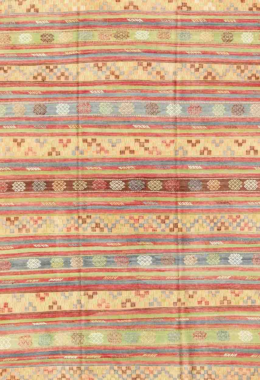 Large Multicolored Vintage Turkish Kilim Rug with Geometric Shapes and Stripes Design, Keivan Woven Arts/rug TU - NED - 136591, country of origin / type: Turkey / Kilim, circa mid - 20th century Measures: 6'7 x 10'7. Featuring geometric shapes... - Keivan Woven ArtsTU - NED - 136591 - 5018Rug