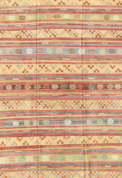 Large Multicolored Vintage Turkish Kilim Rug with Geometric Shapes and Stripes Design, Keivan Woven Arts/rug TU - NED - 136591, country of origin / type: Turkey / Kilim, circa mid - 20th century Measures: 6'7 x 10'7. Featuring geometric shapes... - Keivan Woven ArtsTU - NED - 136591 - 5018Rug