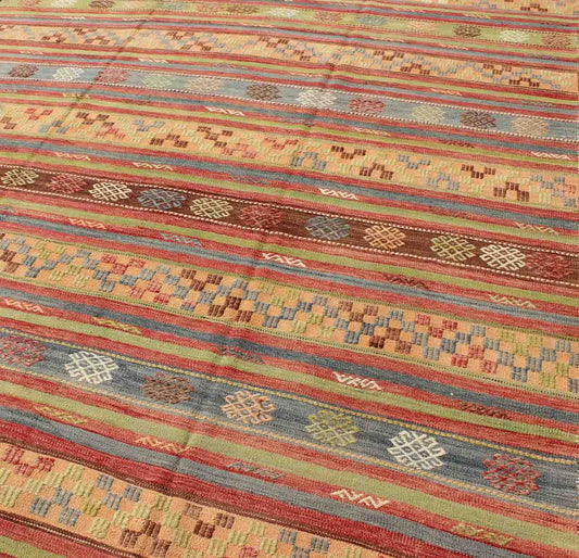 Large Multicolored Vintage Turkish Kilim Rug with Geometric Shapes and Stripes Design, Keivan Woven Arts/rug TU - NED - 136591, country of origin / type: Turkey / Kilim, circa mid - 20th century Measures: 6'7 x 10'7. Featuring geometric shapes... - Keivan Woven ArtsTU - NED - 136591 - 5018Rug