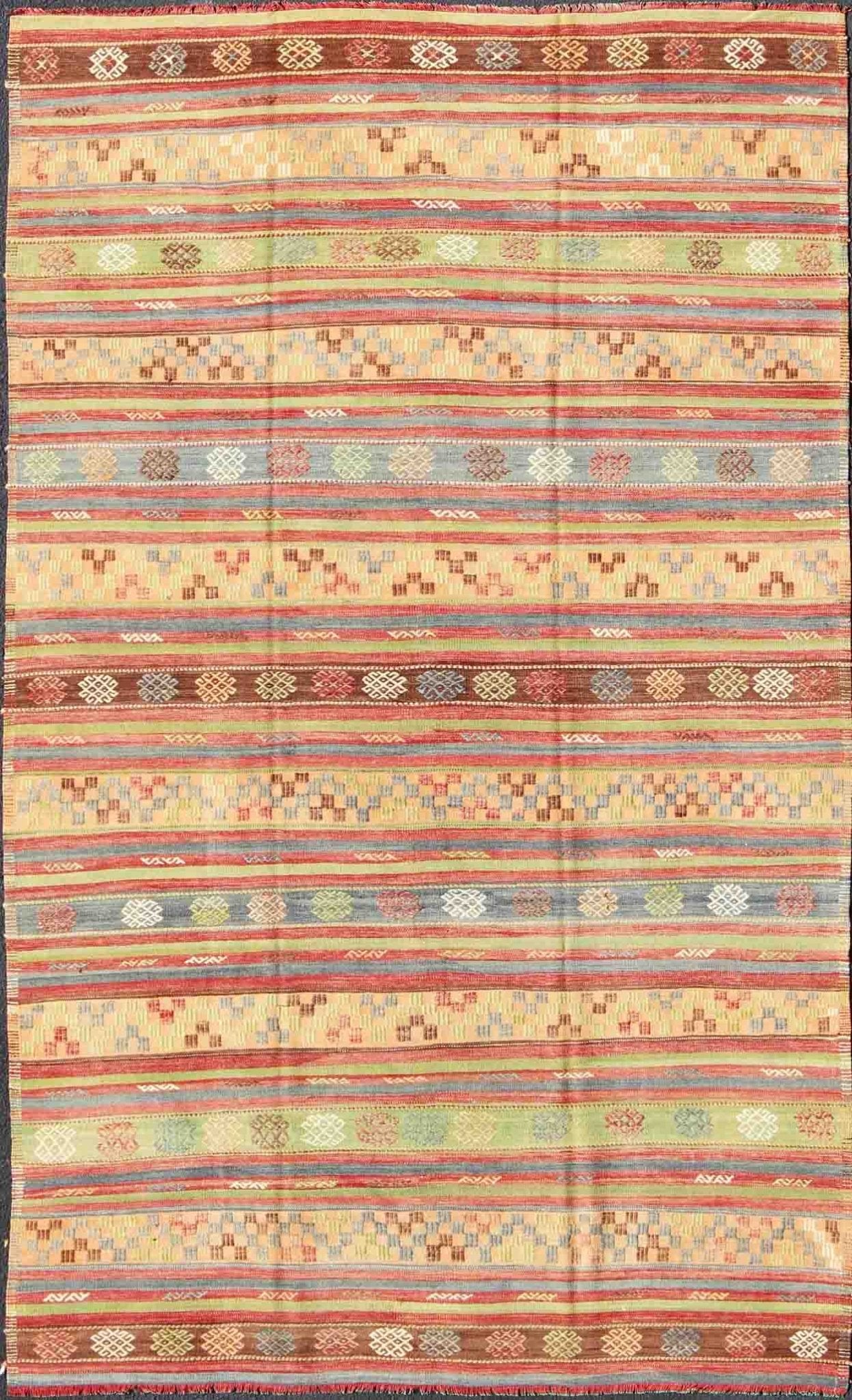 Large Multicolored Vintage Turkish Kilim Rug with Geometric Shapes and Stripes Design, Keivan Woven Arts/rug TU - NED - 136591, country of origin / type: Turkey / Kilim, circa mid - 20th century Measures: 6'7 x 10'7. Featuring geometric shapes... - Keivan Woven ArtsTU - NED - 136591 - 5018Rug
