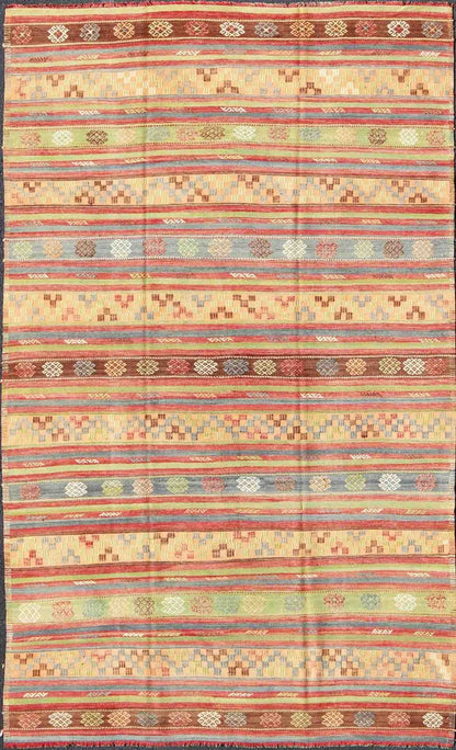 Large Multicolored Vintage Turkish Kilim Rug with Geometric Shapes and Stripes Design, Keivan Woven Arts/rug TU - NED - 136591, country of origin / type: Turkey / Kilim, circa mid - 20th century Measures: 6'7 x 10'7. Featuring geometric shapes... - Keivan Woven ArtsTU - NED - 136591 - 5018Rug