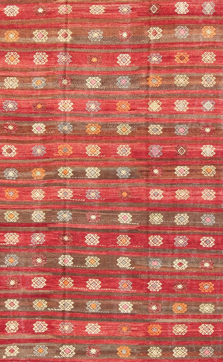 Red and Brown Striped Turkish Hand Woven Kilim Rug with Geometric Shapes Red and Brown Striped Turkish Hand Woven Kilim Rug with Geometric Shapes, Keivan Woven Arts / rug ned - 136592, country of origin / type: Turkey / Kilim, circa mid - 20th centu... - Keivan Woven ArtsTU - NED - 136592 - 5022Rug