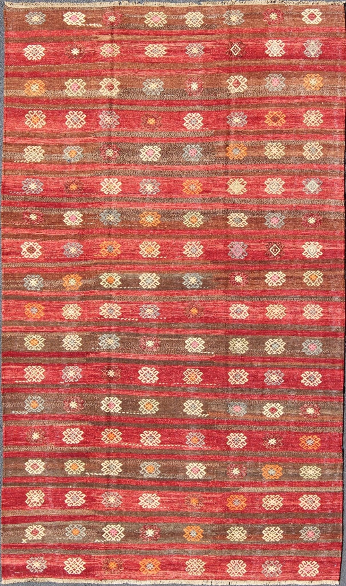 Red and Brown Striped Turkish Hand Woven Kilim Rug with Geometric Shapes Red and Brown Striped Turkish Hand Woven Kilim Rug with Geometric Shapes, Keivan Woven Arts / rug ned - 136592, country of origin / type: Turkey / Kilim, circa mid - 20th centu... - Keivan Woven ArtsTU - NED - 136592 - 5022Rug