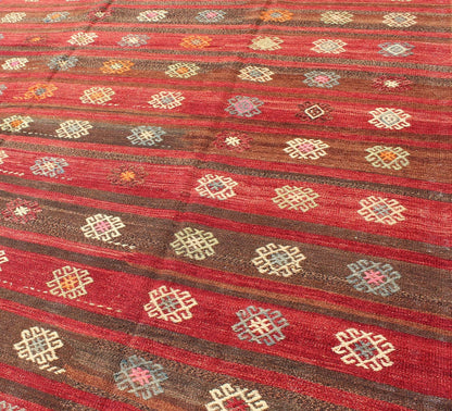 Red and Brown Striped Turkish Hand Woven Kilim Rug with Geometric Shapes Red and Brown Striped Turkish Hand Woven Kilim Rug with Geometric Shapes, Keivan Woven Arts / rug ned - 136592, country of origin / type: Turkey / Kilim, circa mid - 20th centu... - Keivan Woven ArtsTU - NED - 136592 - 5022Rug