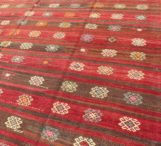 Red and Brown Striped Turkish Hand Woven Kilim Rug with Geometric Shapes Red and Brown Striped Turkish Hand Woven Kilim Rug with Geometric Shapes, Keivan Woven Arts / rug ned - 136592, country of origin / type: Turkey / Kilim, circa mid - 20th centu... - Keivan Woven ArtsTU - NED - 136592 - 5022Rug