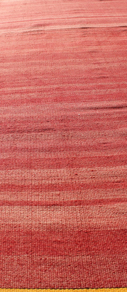 Red, yellow, and salmon pink striped midcentury vintage Turkish Kilim rug, rug ned - 143, country of origin / type: Turkey / Kilim, circa mid - 20th century Featuring a repeating horizontal stripe design, this unique midcentury Kilim rug showcases a... - Keivan Woven ArtsTU - NED - 143 - 3568Rug