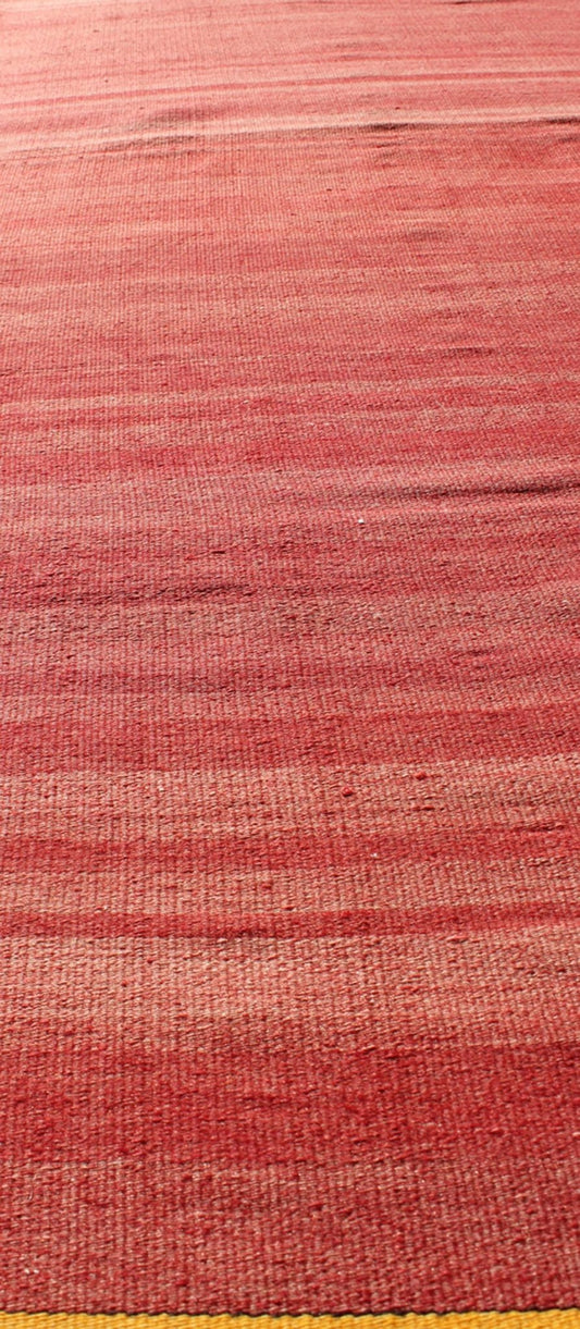 Red, yellow, and salmon pink striped midcentury vintage Turkish Kilim rug, rug ned - 143, country of origin / type: Turkey / Kilim, circa mid - 20th century Featuring a repeating horizontal stripe design, this unique midcentury Kilim rug showcases a... - Keivan Woven ArtsTU - NED - 143 - 3568Rug