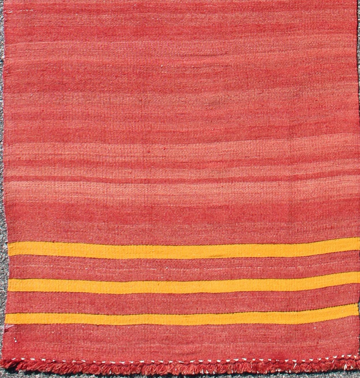 Red, yellow, and salmon pink striped midcentury vintage Turkish Kilim rug, rug ned - 143, country of origin / type: Turkey / Kilim, circa mid - 20th century Featuring a repeating horizontal stripe design, this unique midcentury Kilim rug showcases a... - Keivan Woven ArtsTU - NED - 143 - 3568Rug