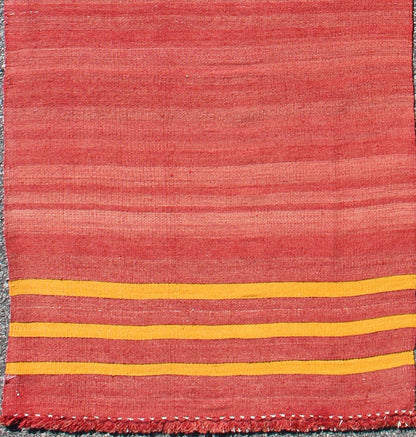 Red, yellow, and salmon pink striped midcentury vintage Turkish Kilim rug, rug ned - 143, country of origin / type: Turkey / Kilim, circa mid - 20th century Featuring a repeating horizontal stripe design, this unique midcentury Kilim rug showcases a... - Keivan Woven ArtsTU - NED - 143 - 3568Rug