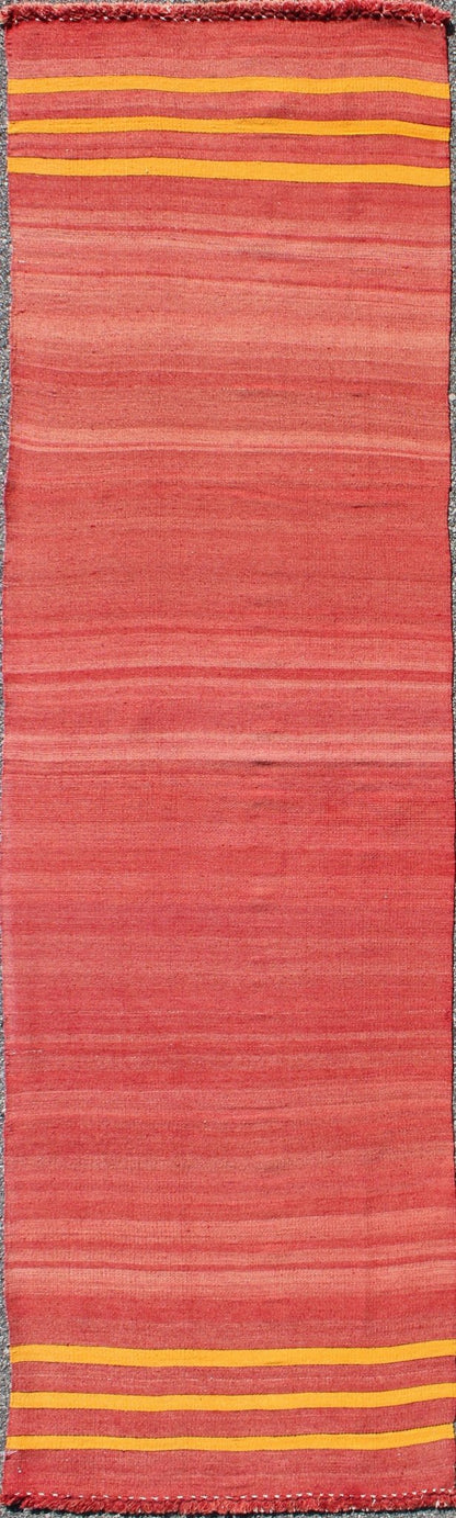 Red, yellow, and salmon pink striped midcentury vintage Turkish Kilim rug, rug ned - 143, country of origin / type: Turkey / Kilim, circa mid - 20th century Featuring a repeating horizontal stripe design, this unique midcentury Kilim rug showcases a... - Keivan Woven ArtsTU - NED - 143 - 3568Rug