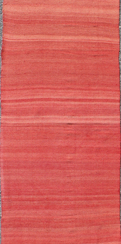 Red, yellow, and salmon pink striped midcentury vintage Turkish Kilim rug, rug ned - 143, country of origin / type: Turkey / Kilim, circa mid - 20th century Featuring a repeating horizontal stripe design, this unique midcentury Kilim rug showcases a... - Keivan Woven ArtsTU - NED - 143 - 3568Rug