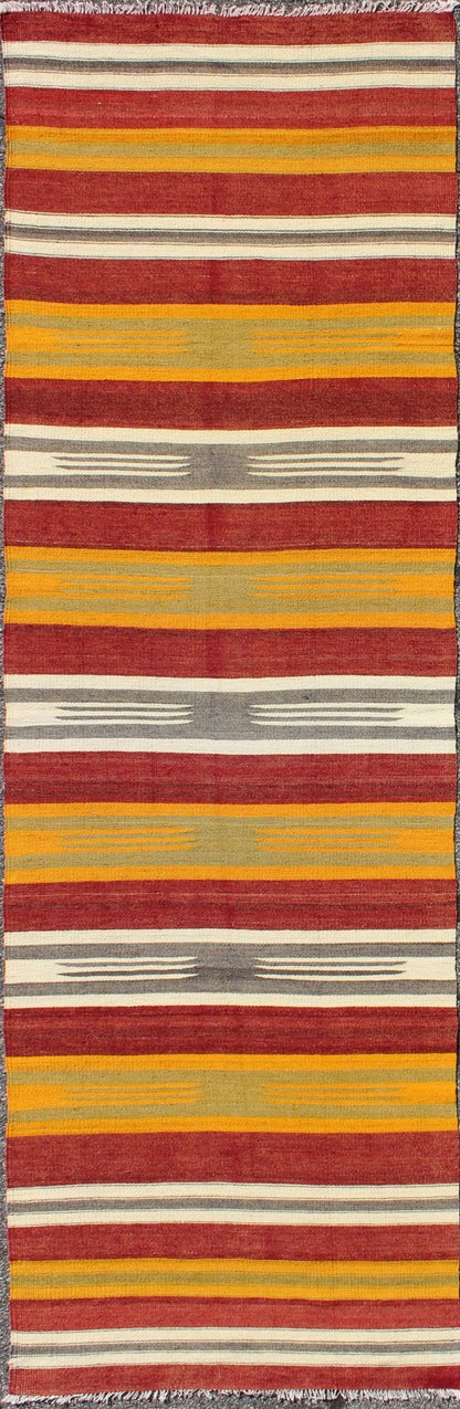 Vintage Turkish Kilim Runner with Stripes in Red, Green, Yellow, Ivory, Gray, rug ned - 145, country of origin / type: Turkey / Kilim, circa mid - 20th century. Woven during the mid - 20th century in Turkey, this designer Kilim is decorated with a hor... - Keivan Woven ArtsTU - NED - 145 - 3572Rug