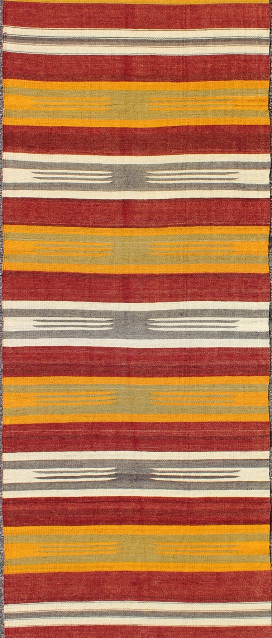 Vintage Turkish Kilim Runner with Stripes in Red, Green, Yellow, Ivory, Gray, rug ned - 145, country of origin / type: Turkey / Kilim, circa mid - 20th century. Woven during the mid - 20th century in Turkey, this designer Kilim is decorated with a hor... - Keivan Woven ArtsTU - NED - 145 - 3572Rug