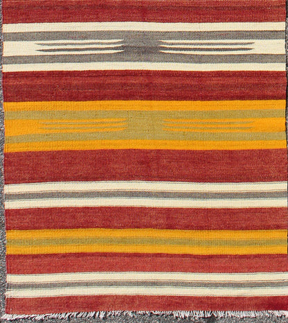 Vintage Turkish Kilim Runner with Stripes in Red, Green, Yellow, Ivory, Gray, rug ned - 145, country of origin / type: Turkey / Kilim, circa mid - 20th century. Woven during the mid - 20th century in Turkey, this designer Kilim is decorated with a hor... - Keivan Woven ArtsTU - NED - 145 - 3572Rug