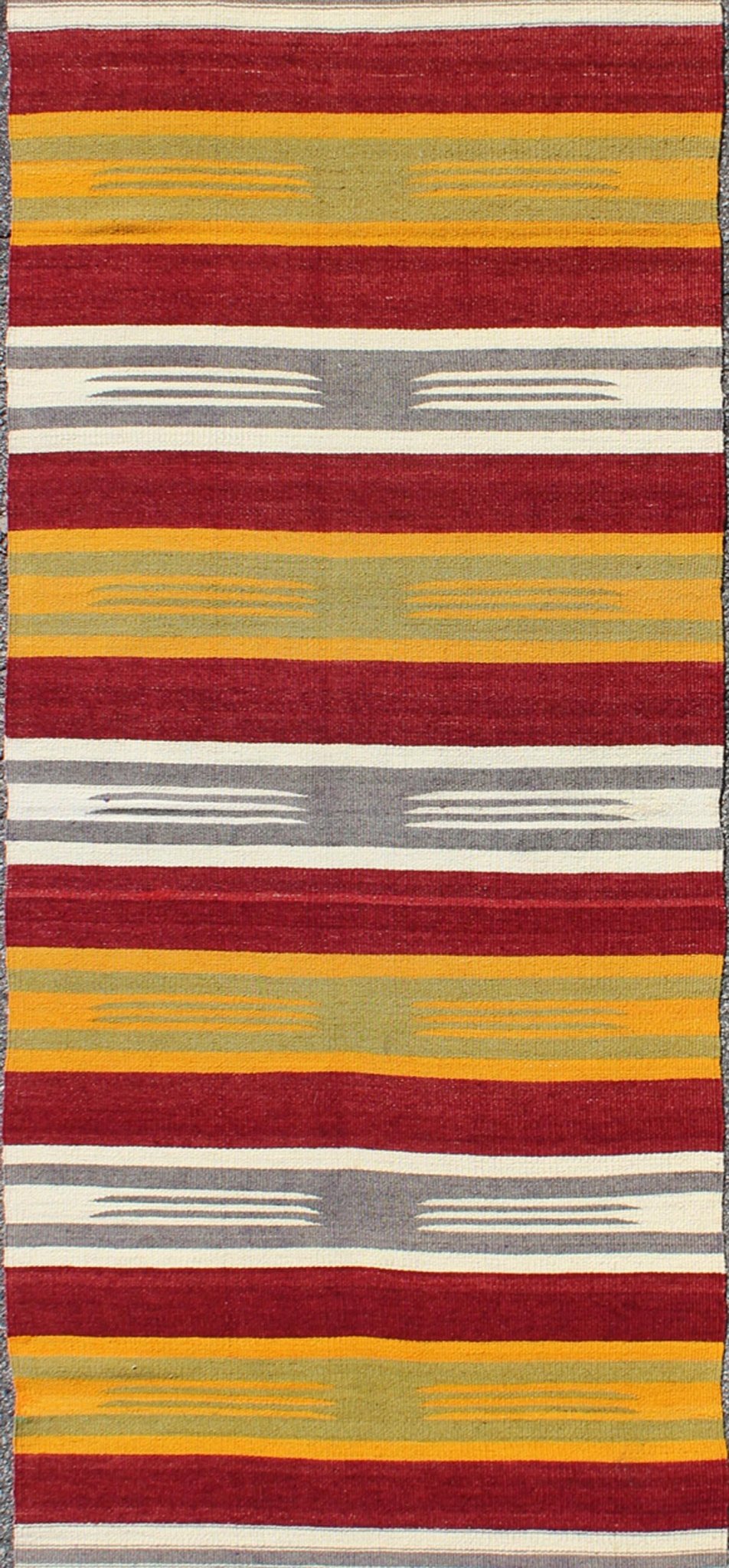 Turkish Kilim Runner with Stripes in Red, Green, Yellow, Ivory, Gray. Keivan Woven Arts / rug TU - NED - 146, country of origin / type: Turkey / Kilim, circa mid - 20th century Measures: 2'8 x 8'7. Woven during the mid - 20th century in Turkey, this desi... - Keivan Woven ArtsTU - NED - 146 - 3926Rug