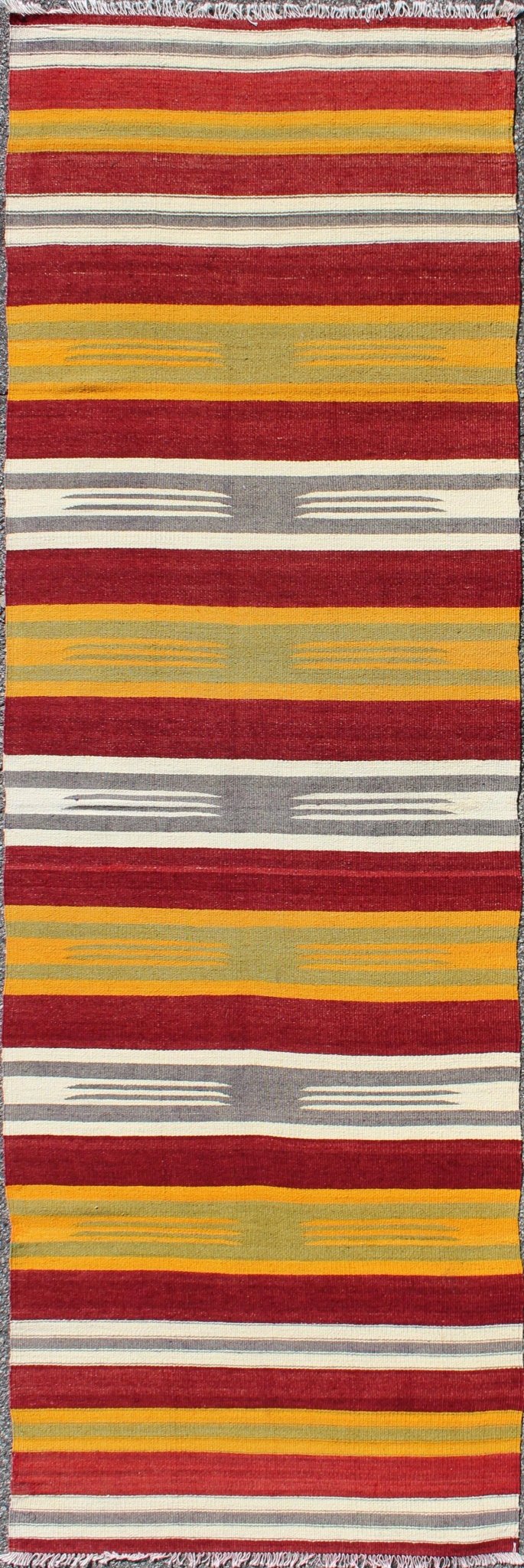 Turkish Kilim Runner with Stripes in Red, Green, Yellow, Ivory, Gray. Keivan Woven Arts / rug TU - NED - 146, country of origin / type: Turkey / Kilim, circa mid - 20th century Measures: 2'8 x 8'7. Woven during the mid - 20th century in Turkey, this desi... - Keivan Woven ArtsTU - NED - 146 - 3926Rug