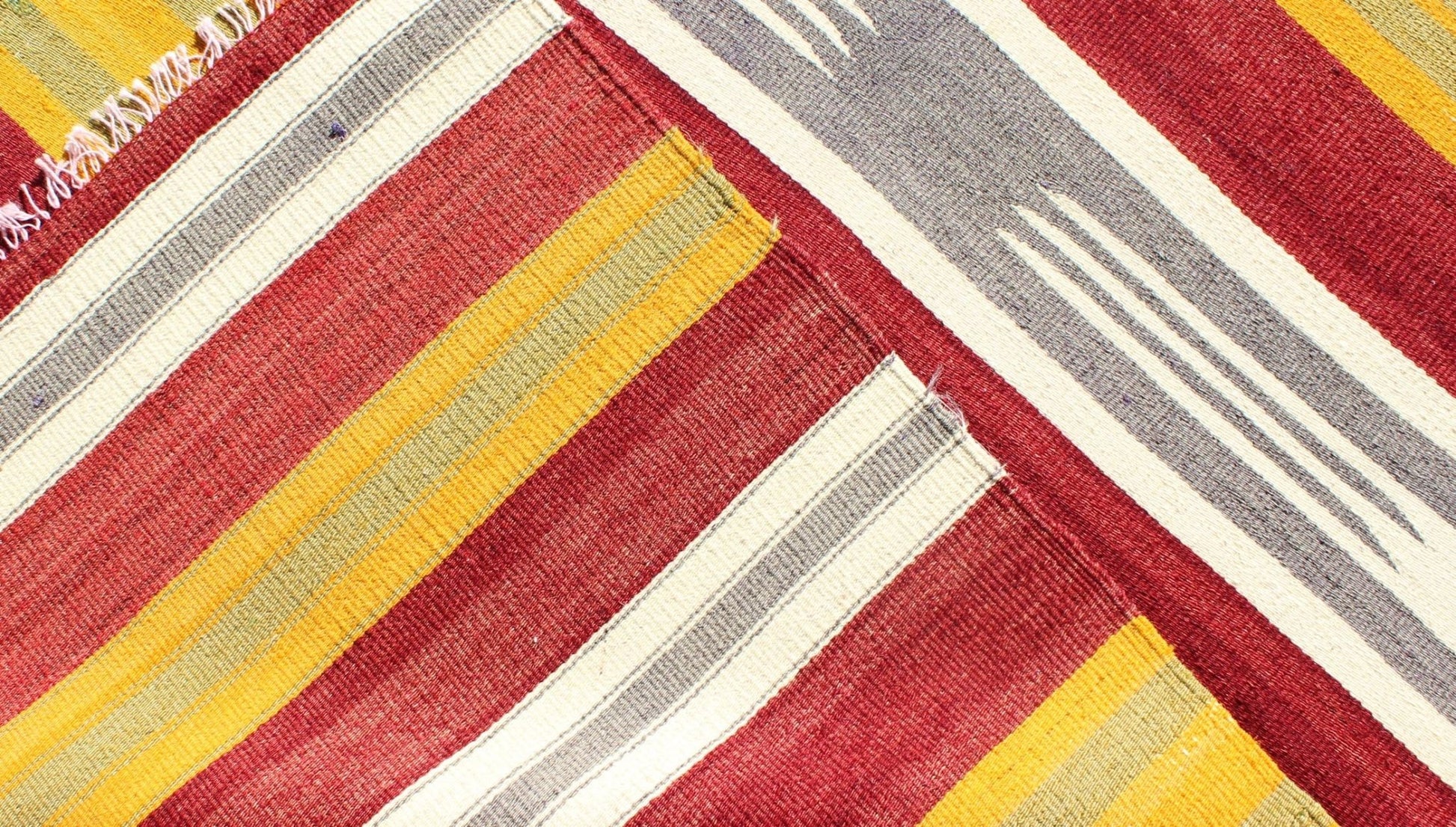 Turkish Kilim Runner with Stripes in Red, Green, Yellow, Ivory, Gray. Keivan Woven Arts / rug TU - NED - 146, country of origin / type: Turkey / Kilim, circa mid - 20th century Measures: 2'8 x 8'7. Woven during the mid - 20th century in Turkey, this desi... - Keivan Woven ArtsTU - NED - 146 - 3926Rug