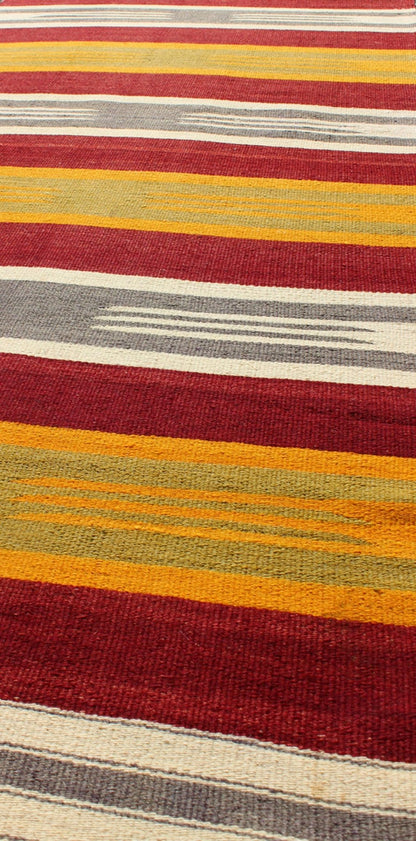 Turkish Kilim Runner with Stripes in Red, Green, Yellow, Ivory, Gray. Keivan Woven Arts / rug TU - NED - 146, country of origin / type: Turkey / Kilim, circa mid - 20th century Measures: 2'8 x 8'7. Woven during the mid - 20th century in Turkey, this desi... - Keivan Woven ArtsTU - NED - 146 - 3926Rug