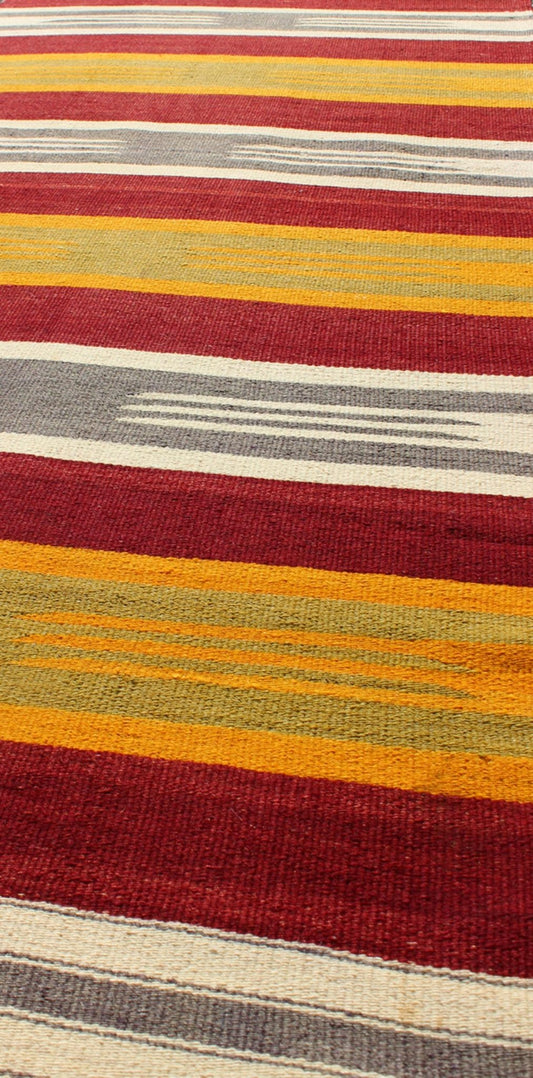 Turkish Kilim Runner with Stripes in Red, Green, Yellow, Ivory, Gray. Keivan Woven Arts / rug TU - NED - 146, country of origin / type: Turkey / Kilim, circa mid - 20th century Measures: 2'8 x 8'7. Woven during the mid - 20th century in Turkey, this desi... - Keivan Woven ArtsTU - NED - 146 - 3926Rug