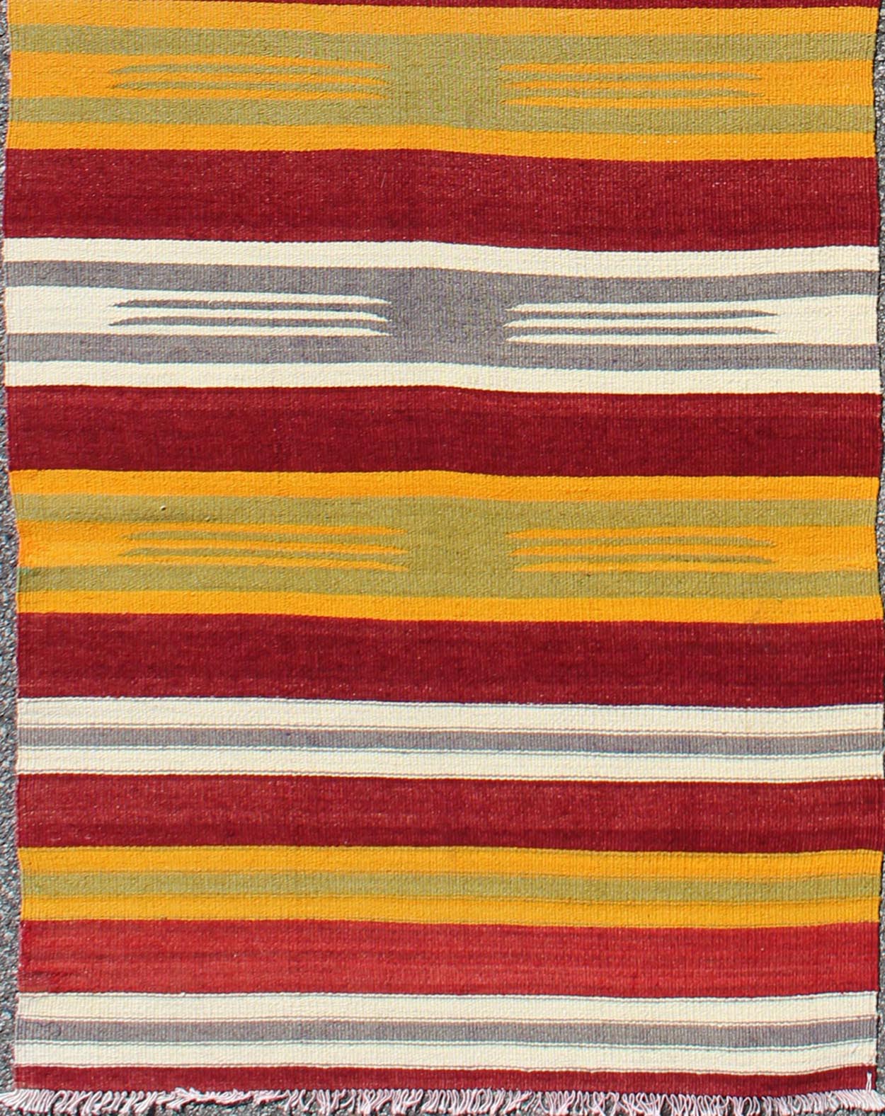Turkish Kilim Runner with Stripes in Red, Green, Yellow, Ivory, Gray. Keivan Woven Arts / rug TU - NED - 146, country of origin / type: Turkey / Kilim, circa mid - 20th century Measures: 2'8 x 8'7. Woven during the mid - 20th century in Turkey, this desi... - Keivan Woven ArtsTU - NED - 146 - 3926Rug