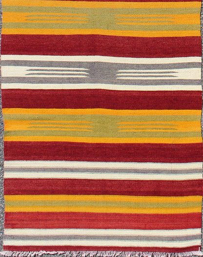 Turkish Kilim Runner with Stripes in Red, Green, Yellow, Ivory, Gray. Keivan Woven Arts / rug TU - NED - 146, country of origin / type: Turkey / Kilim, circa mid - 20th century Measures: 2'8 x 8'7. Woven during the mid - 20th century in Turkey, this desi... - Keivan Woven ArtsTU - NED - 146 - 3926Rug