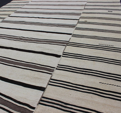 Vintage Large Kilim Turkish Rug With Vertical Stripes in Cream and Brown Stripes Keivan Woven Arts Flat - weave Kilim vintage rug from Turkey with stripes in brown, black and cream. Rug TU - NED - 2003 - 4, country of origin / type: Turkey / Kilim, circ... - Keivan Woven ArtsTU - NED - 2003 - 4 - 12869Rug