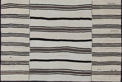 Vintage Large Kilim Turkish Rug With Vertical Stripes in Cream and Brown Stripes Keivan Woven Arts Flat - weave Kilim vintage rug from Turkey with stripes in brown, black and cream. Rug TU - NED - 2003 - 4, country of origin / type: Turkey / Kilim, circ... - Keivan Woven ArtsTU - NED - 2003 - 4 - 12869Rug