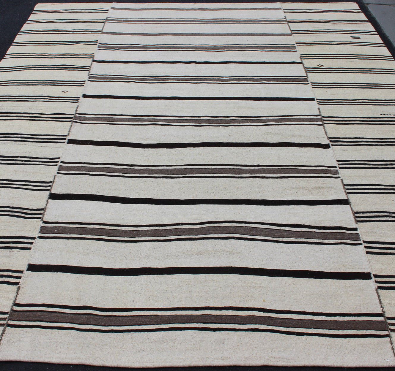 Vintage Large Kilim Turkish Rug With Vertical Stripes in Cream and Brown Stripes Keivan Woven Arts Flat - weave Kilim vintage rug from Turkey with stripes in brown, black and cream. Rug TU - NED - 2003 - 4, country of origin / type: Turkey / Kilim, circ... - Keivan Woven ArtsTU - NED - 2003 - 4 - 12869Rug
