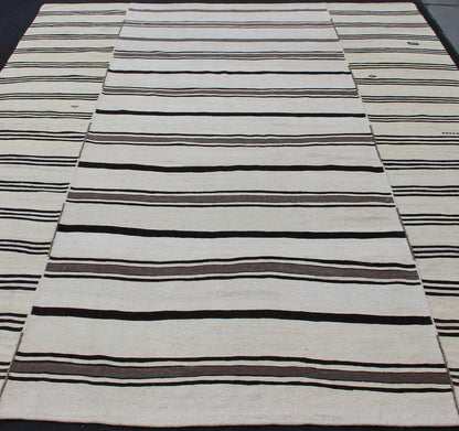 Vintage Large Kilim Turkish Rug With Vertical Stripes in Cream and Brown Stripes Keivan Woven Arts Flat - weave Kilim vintage rug from Turkey with stripes in brown, black and cream. Rug TU - NED - 2003 - 4, country of origin / type: Turkey / Kilim, circ... - Keivan Woven ArtsTU - NED - 2003 - 4 - 12869Rug