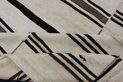 Vintage Large Kilim Turkish Rug With Vertical Stripes in Cream and Brown Stripes Keivan Woven Arts Flat - weave Kilim vintage rug from Turkey with stripes in brown, black and cream. Rug TU - NED - 2003 - 4, country of origin / type: Turkey / Kilim, circ... - Keivan Woven ArtsTU - NED - 2003 - 4 - 12869Rug